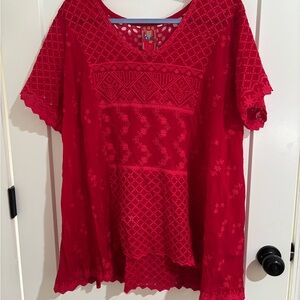 Johnny Was Red Embroidered V‑Neck Tunic